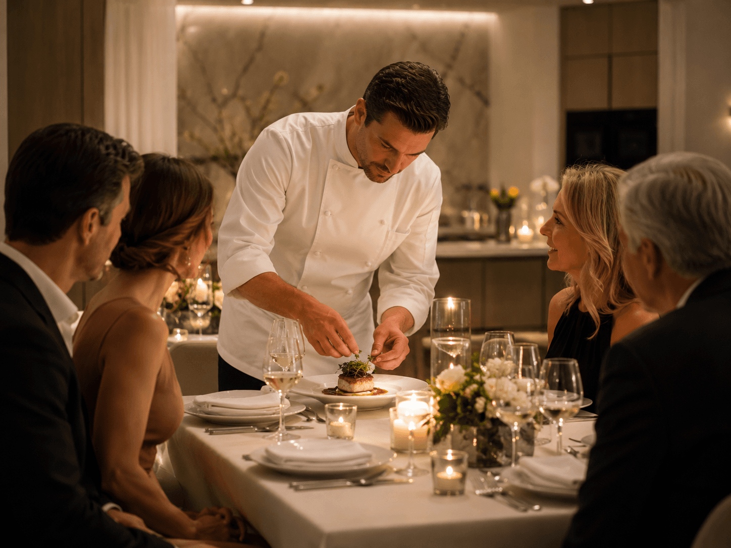Chef plating a private dinner course