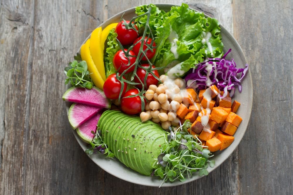 Colourful vegetarian catering dishes and salads