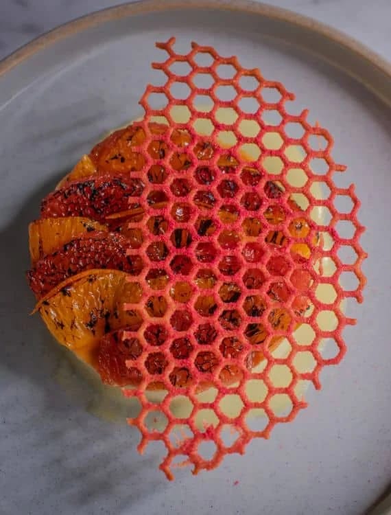 InHaus Cooking citrus dessert with a red lattice garnish