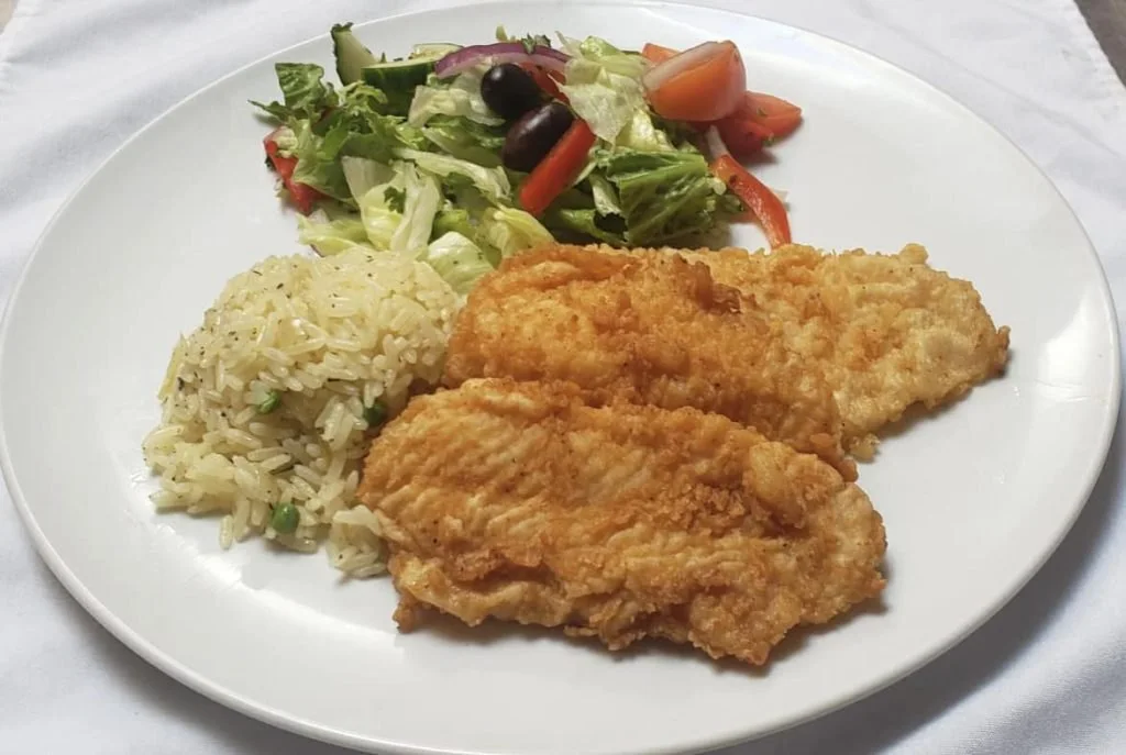 Plated dinner with rice and salad — Lolacher's Catering